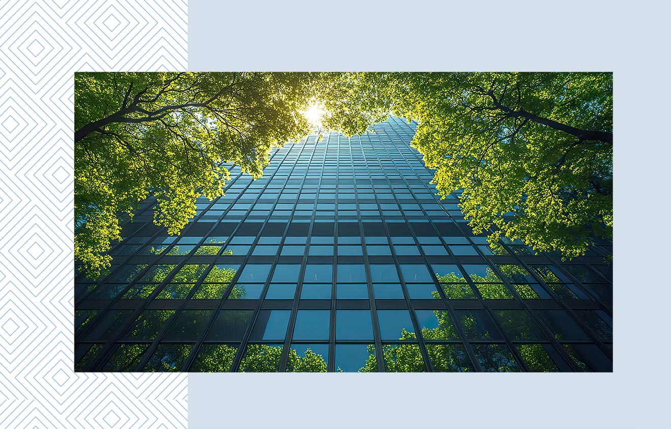 the glass skyscraper facade reflects the lush green leaves of trees the intersection of urban development ,nature the concepts of esg environmental social ,governance ,impact